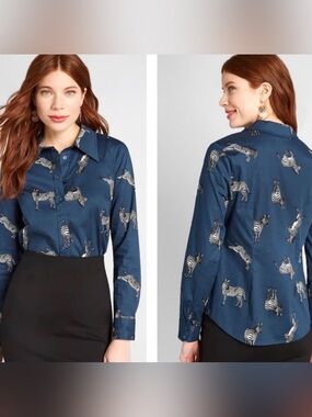 Modcloth Navy Zebra-Print Button-Down Shirt